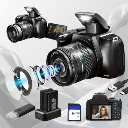 4K Digital Camera For Photography - 12X Optical Zoom 72MP Vlogging Camera For YouTube With 3" 270° Flip Screen, Autofocus Compact Camera With Battery*2, 64GB SD Card, USB Card Reader & Charging Stand