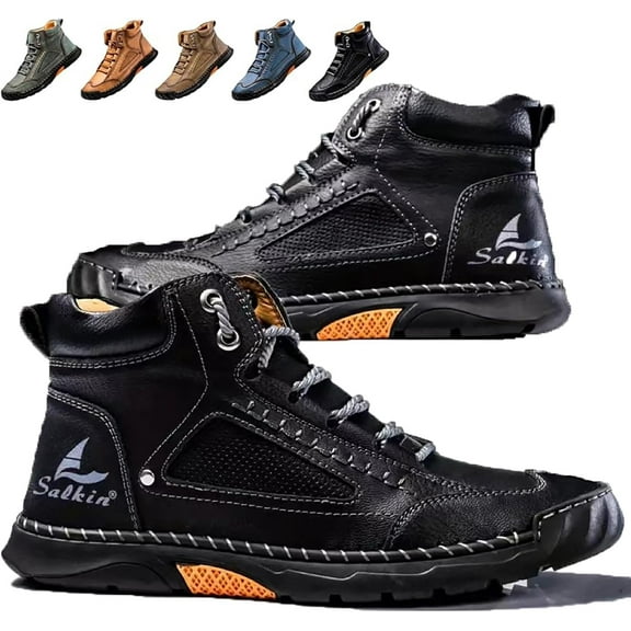 Mens Wide Leather Shoes for Hiking Working, Saw behind Men's Comfortable Handmade Boots–Waterproof, Arch Support, Spacious Toe Box, Non-Slip,Lightweight Breathable Outdoor Walking