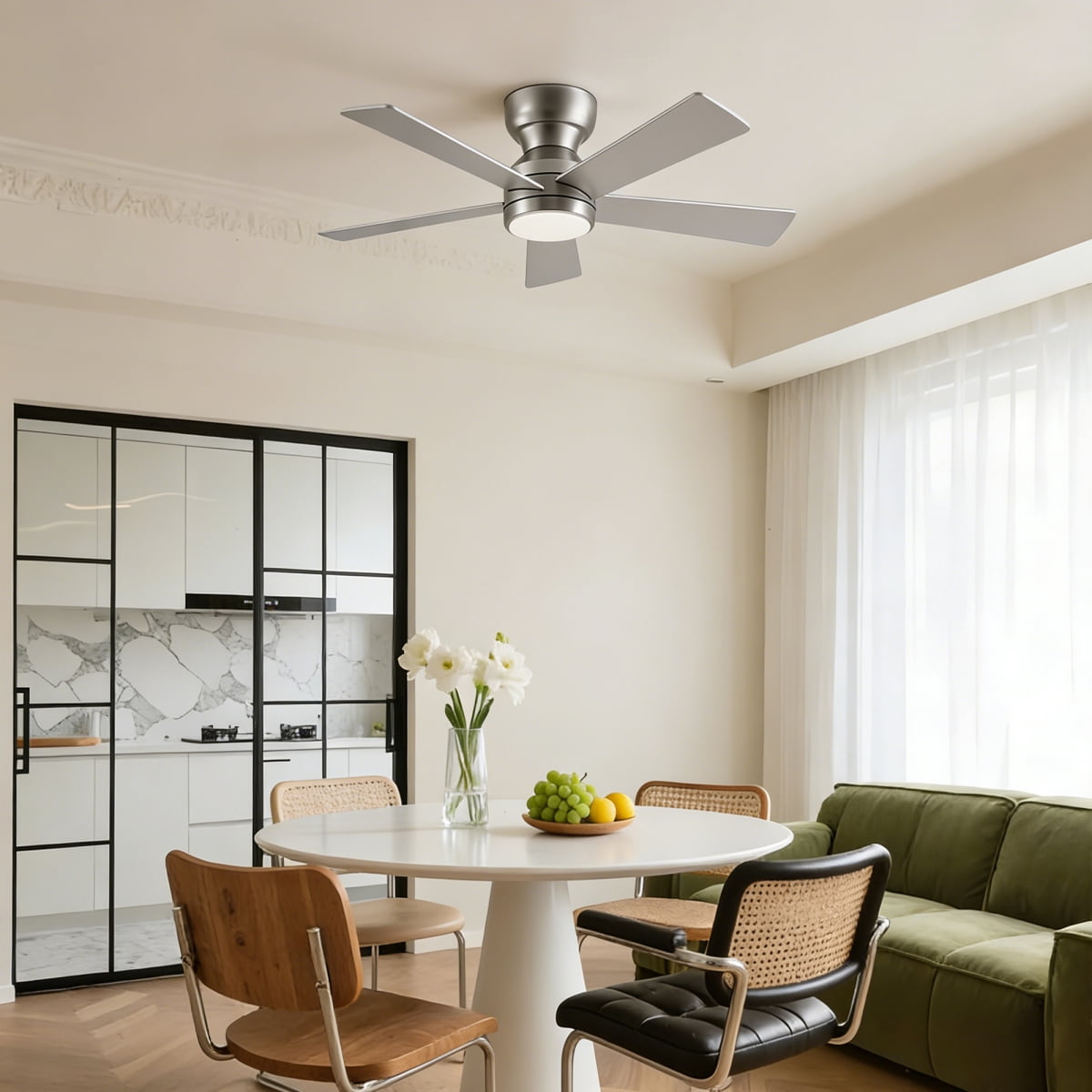 46" Flush Mount Ceiling Fan with Lights Remote Control,Quiet DC Motor 6 Plywood Blade Ceiling Fans 6 Speed Levels,Reversible Ceiling Fan,for Patio Living Room, Bedroom,Office,Indoor.( SLIVER)