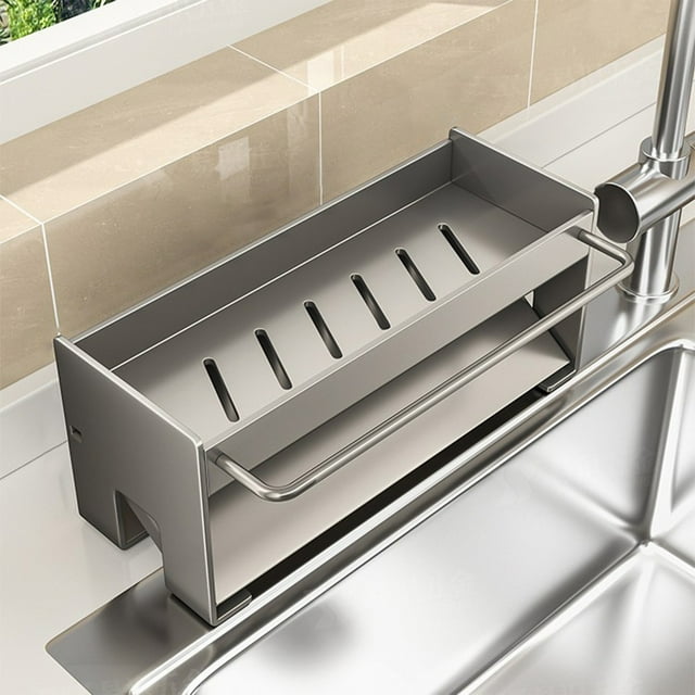 Estante organizador multifunción para fregaderos de cocina – Almacenamiento de encimeras de acero inoxidable para esponjas, paños de cocina, utensilios • Negro/Blanco/Gris 23x12x10cm Antideslizante