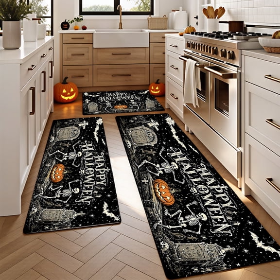 3PCS Kitchen Rugs, Door Mat set, Home Halloween Decoration for Front Door, Kitchen, Bathroom, Happy Halloween Skeletons Pumpkins Tombstones Bats Black White Dining Mat, Housewarming Party Gift.
