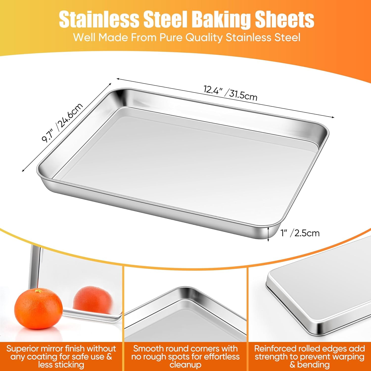 Homikit 2 Pack Baking Sheet, 9 x 13 Inches Stainless Steel Quarter Sheet Pan Set for Cooking Toasting, Metal Cookie Tray Fits Toaster Oven, Non Stick & Rust Free, Dishwasher Safe