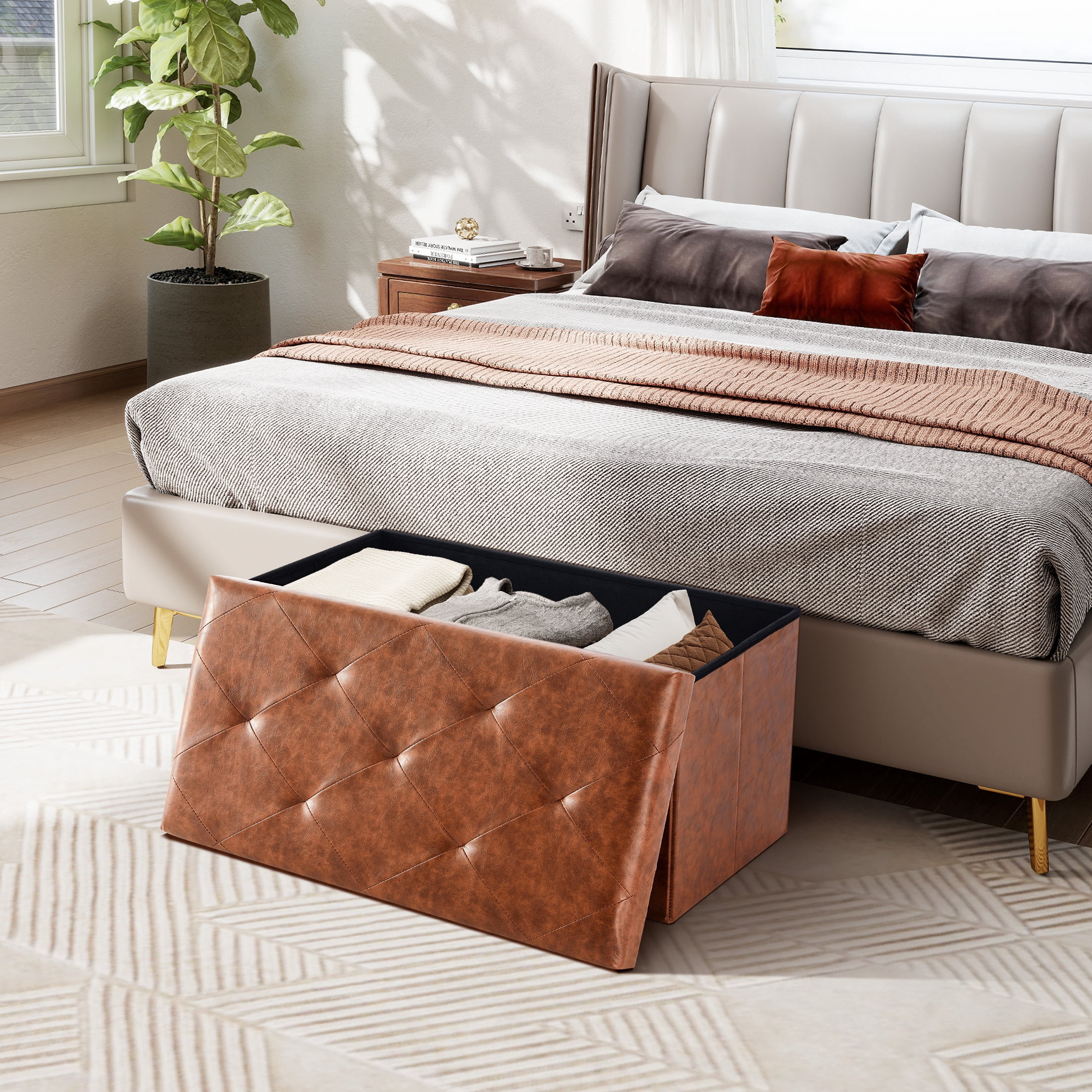 EDX 30" PVC Ottoman Bench, Folable Storage Bench for Bedroom, 29Gal Capacity, Ottoman Foot Rest Bench for Livingroom, Entryway, Brown