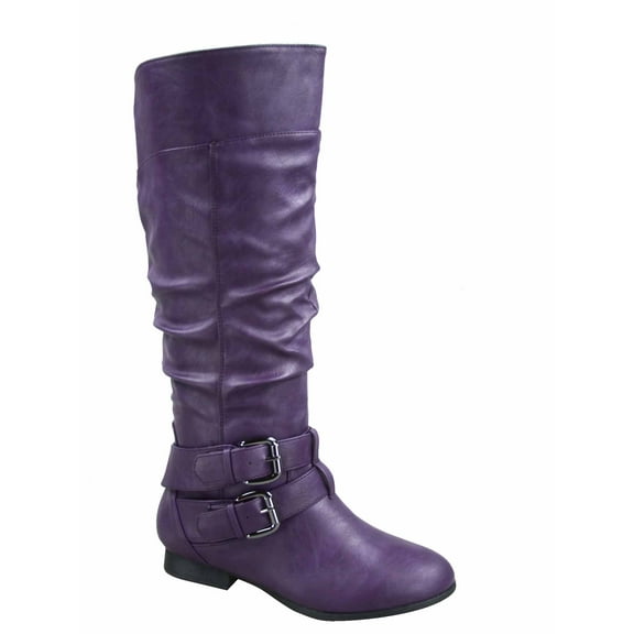 Coco-20 Women's Fashion Buckles Low Heel Round Toe Zipper Knee High Riding Boots