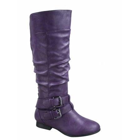 

Coco-20 Women s Fashion Buckles Low Heel Round Toe Zipper Knee High Riding Boots