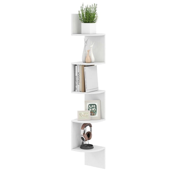 Resenkos 5-Tier Corner Shelf - Wall-Mounted Floating Bookshelf, Storage Organizer, White