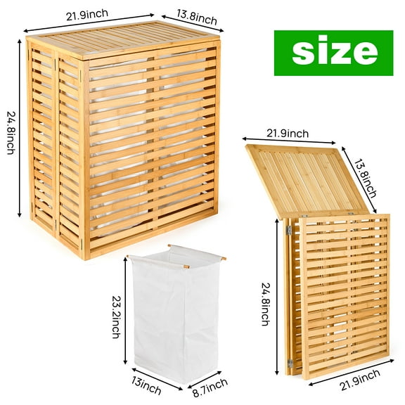 Bamboo Laundry Hamper with Lid – Foldable Clothes Basket with 2-Section Removable Liner Bag
