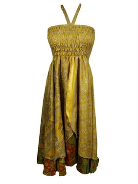 Mogul Sunshine Recycled Vintage Silk Sari Two Layer Halter Dress Summer Fashion Hippie Chic Holiday Sundress