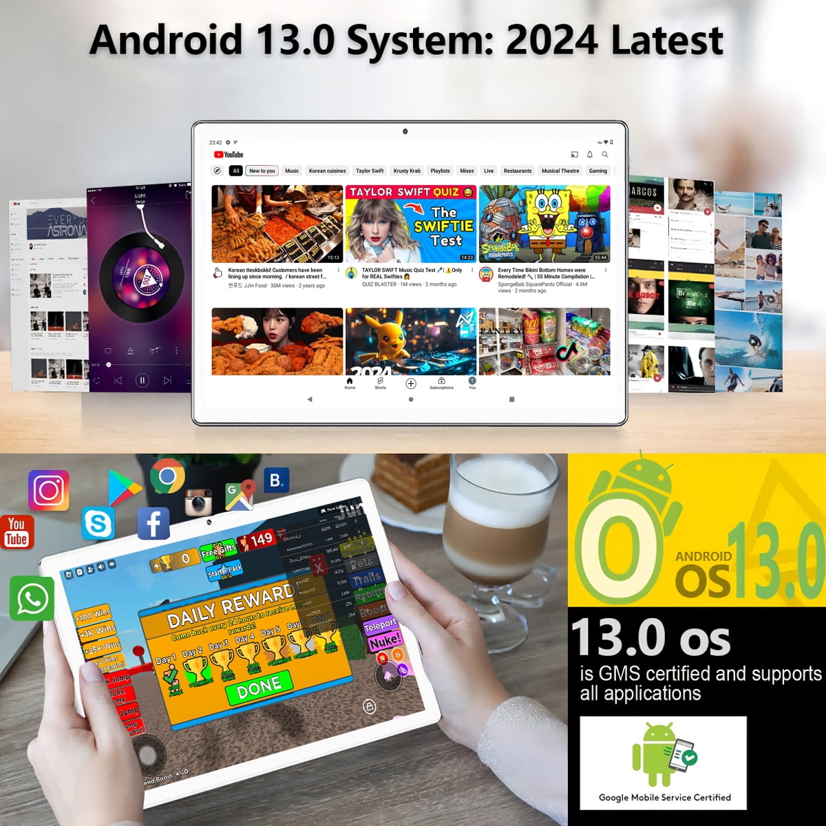 10 inch Tablet Android 13 Tablets, 6+(10)GB RAM 128GB ROM 256GB Expand, 1280x800 IPS HD Touch Screen, Google Certificated, WiFi, Dual Camera, Bluetooth, 6000mAh silver-(with Leather case)