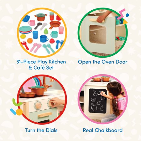 BATTAT TWO N’ ONE WOODEN KITCHEN CAFÉ WITH DISHES AND CHALKBOARD, TODDLER AND PRESCHOOL TOYS