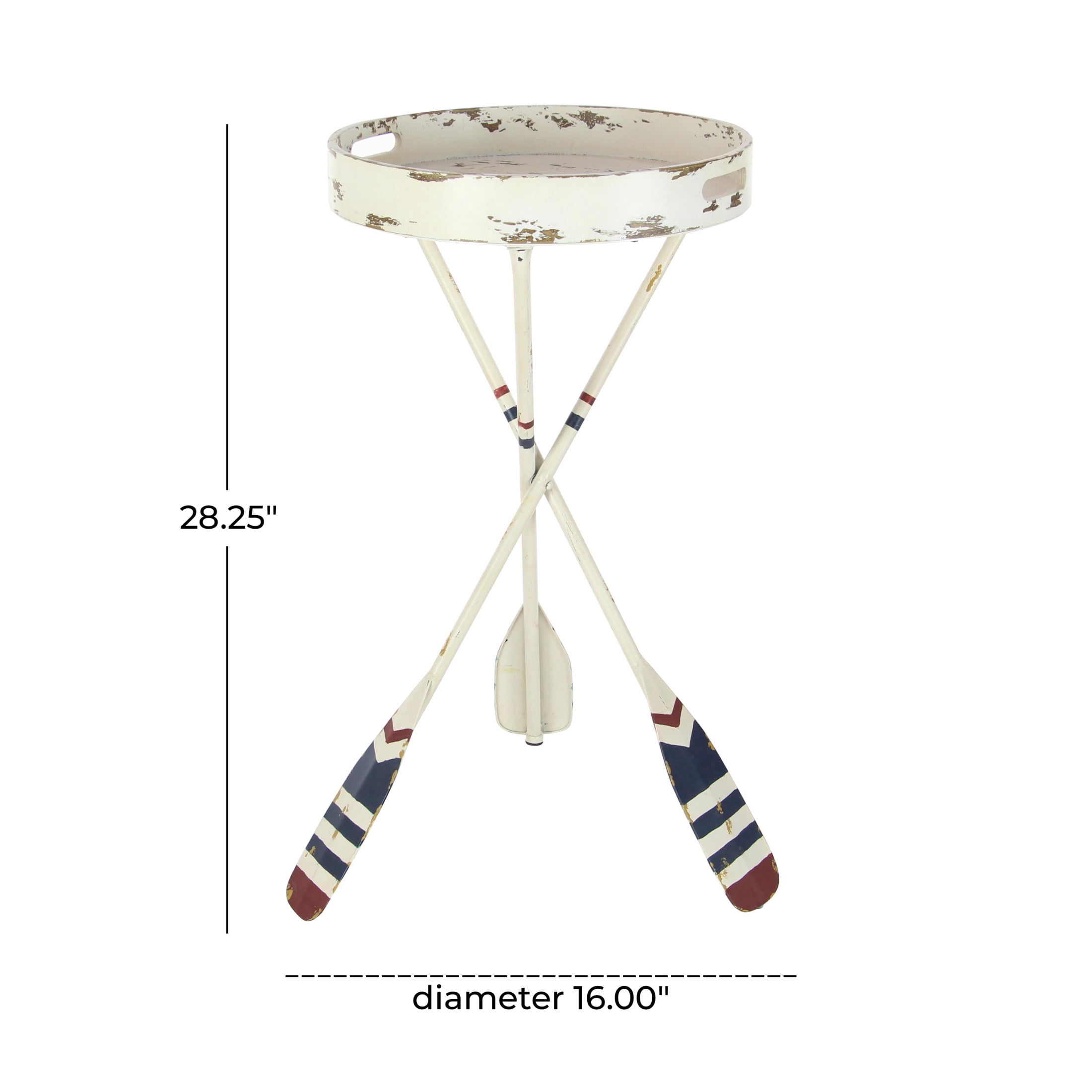DecMode 16" x 28" White Metal Distressed Striped Paddle Accent Table with Navy and Red Striped Oar Legs, 1-Piece