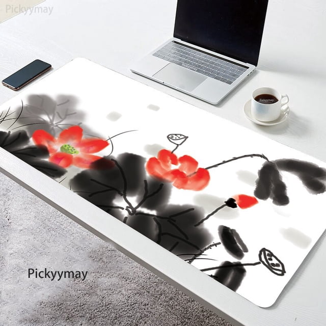 Alfombrilla de ratón grande de loto chino para Gamer, alfombrilla de ratón grande para PC, ordenador, arte de tinta XXL, alfombra de superficie para teclado de escritorio LIUWENJING unisex