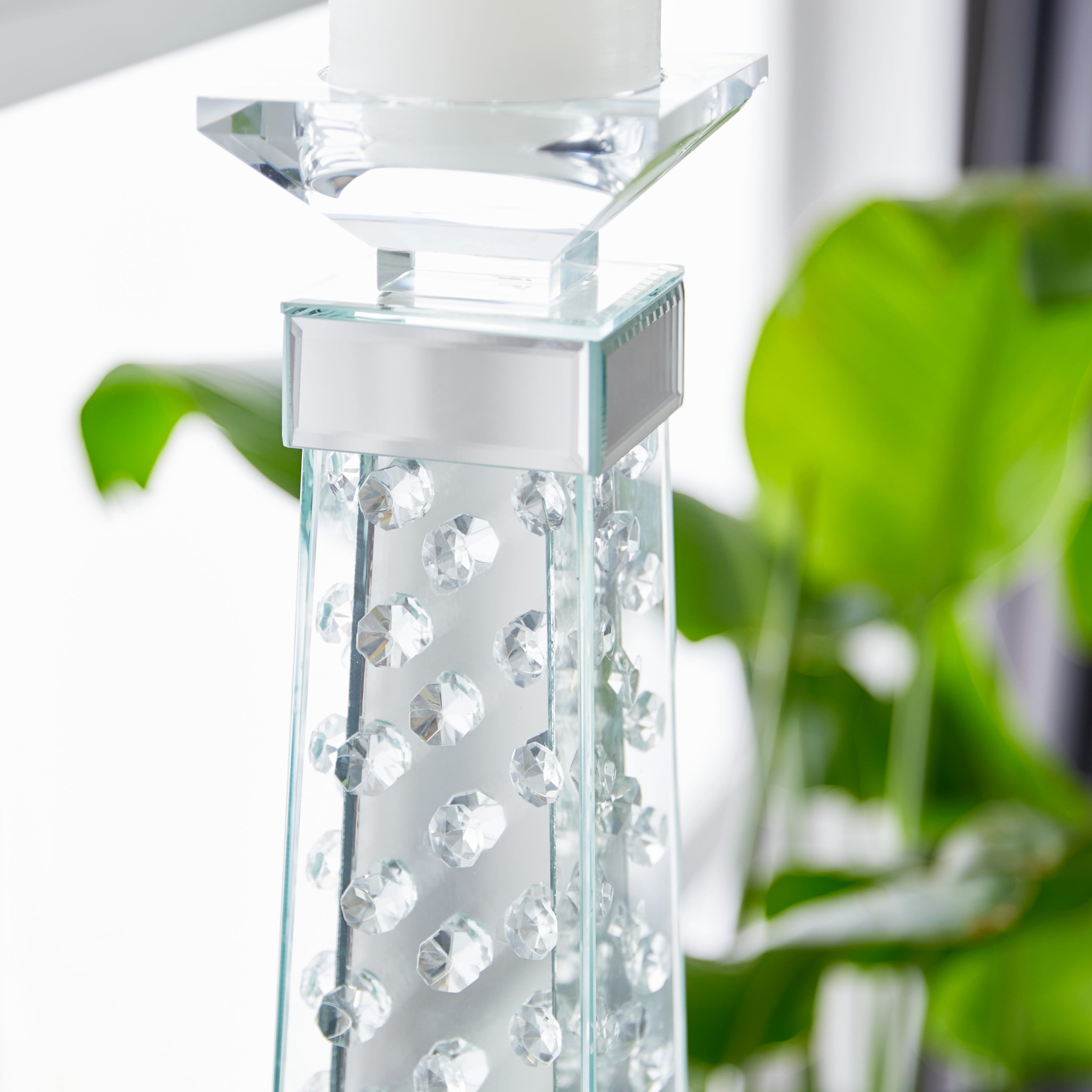 DecMode Silver Glass Pillar Candle Holder with Mirrored Accents and Crystals