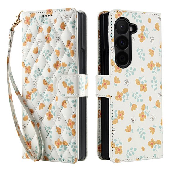 for Samsung Galaxy Z Fold 5 Wallet Case, Cute Floral Pattern PU Leather Flip Phone Cover with Card Holder, Kickstand, Wrist Strap, Protective Purse Case for Samsung Galaxy Z Fold 5, Pattern-C