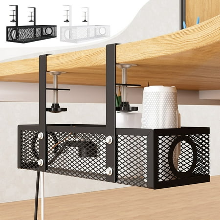 No-Drill Under Desk Hanging Storage Basket Adjustable Carbon Steel Organizer for Office Classroom Cable Management White 13.39 x 7.87 x 4.72 in