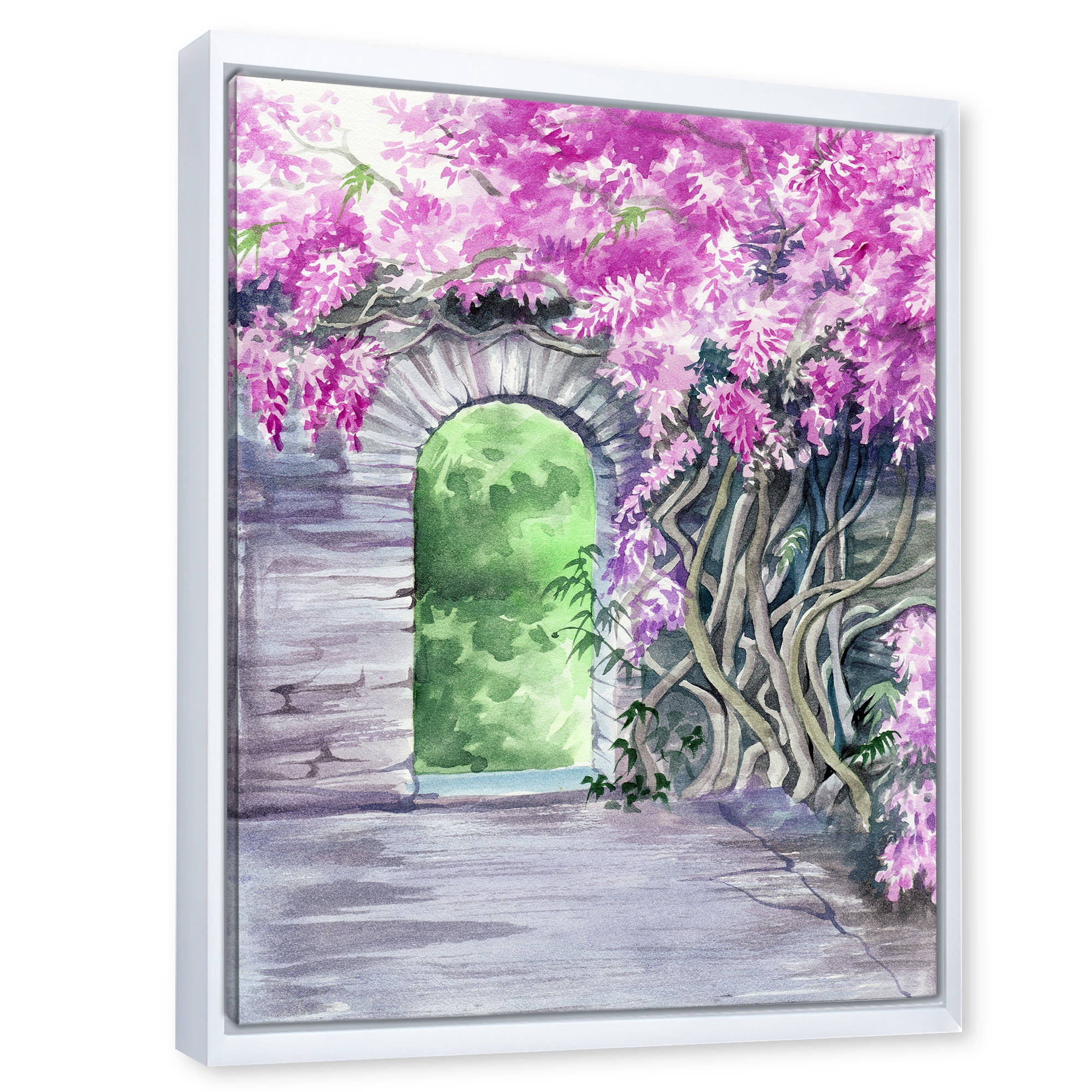Designart 'Blossoming Purple Wisteria Garden Over The Wall' Traditional Framed Canvas Wall Art Print