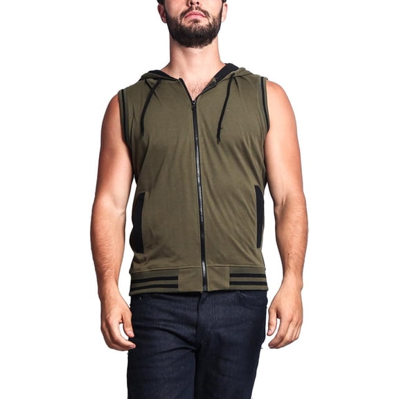 G-Style Men's Lightweight Athletic Casual Sleeveless Contrast Zipper Hoodie TH890 - Olive/Black - 3XL