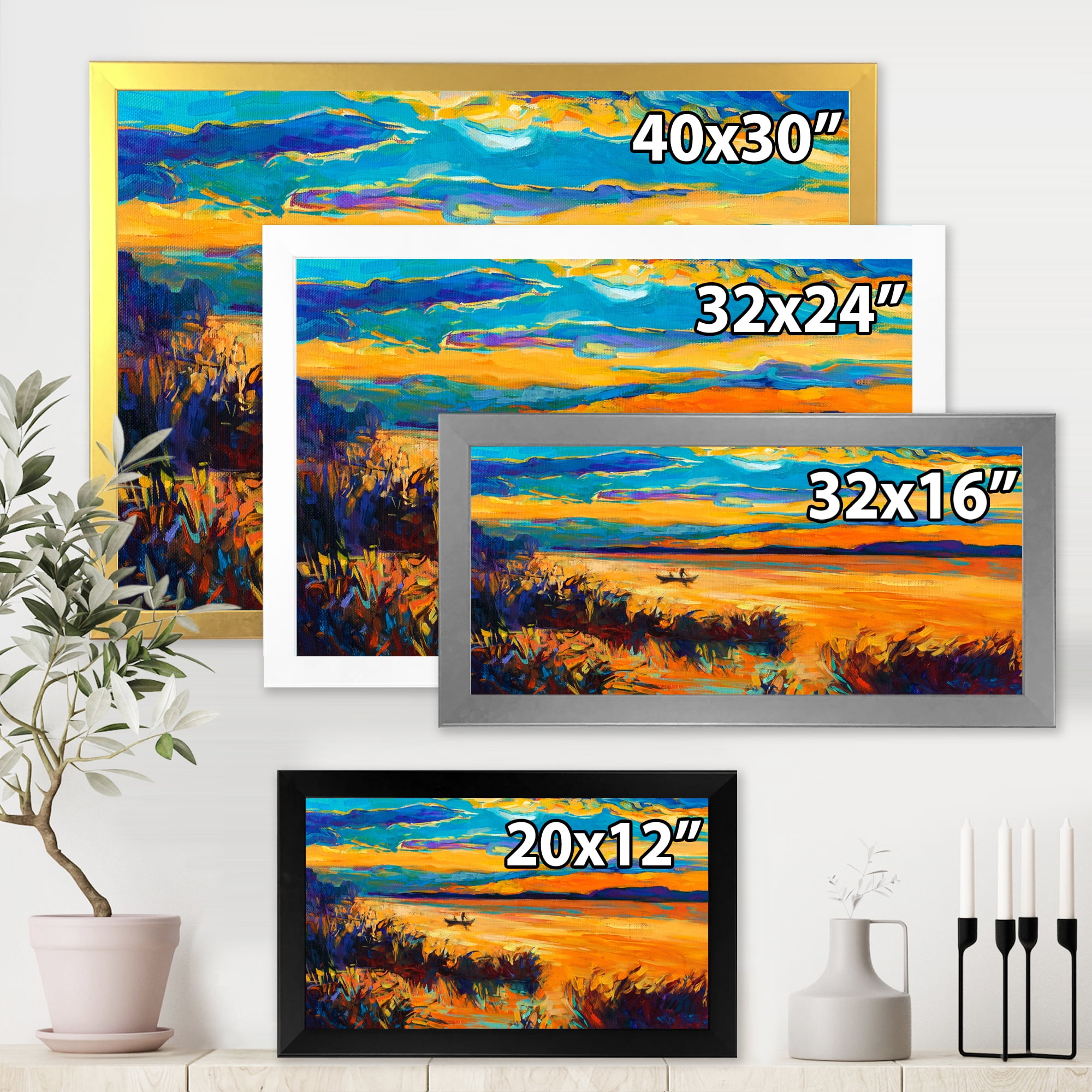 Little Boat At The Horizon Of A Lake During Evening Glow 32 in x 16 in Framed Painting Canvas Art Print, by Designart
