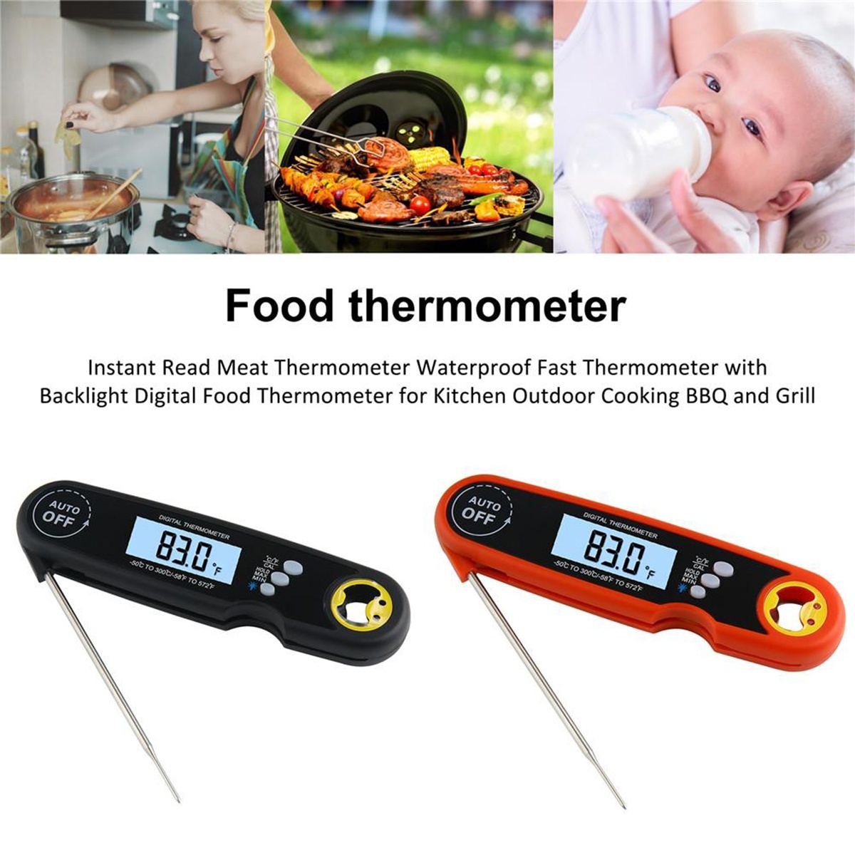 Meat Thermometer, Food Temperature Detector, Waterproof Digital Screen Read Kitchen Outdoor BBQ