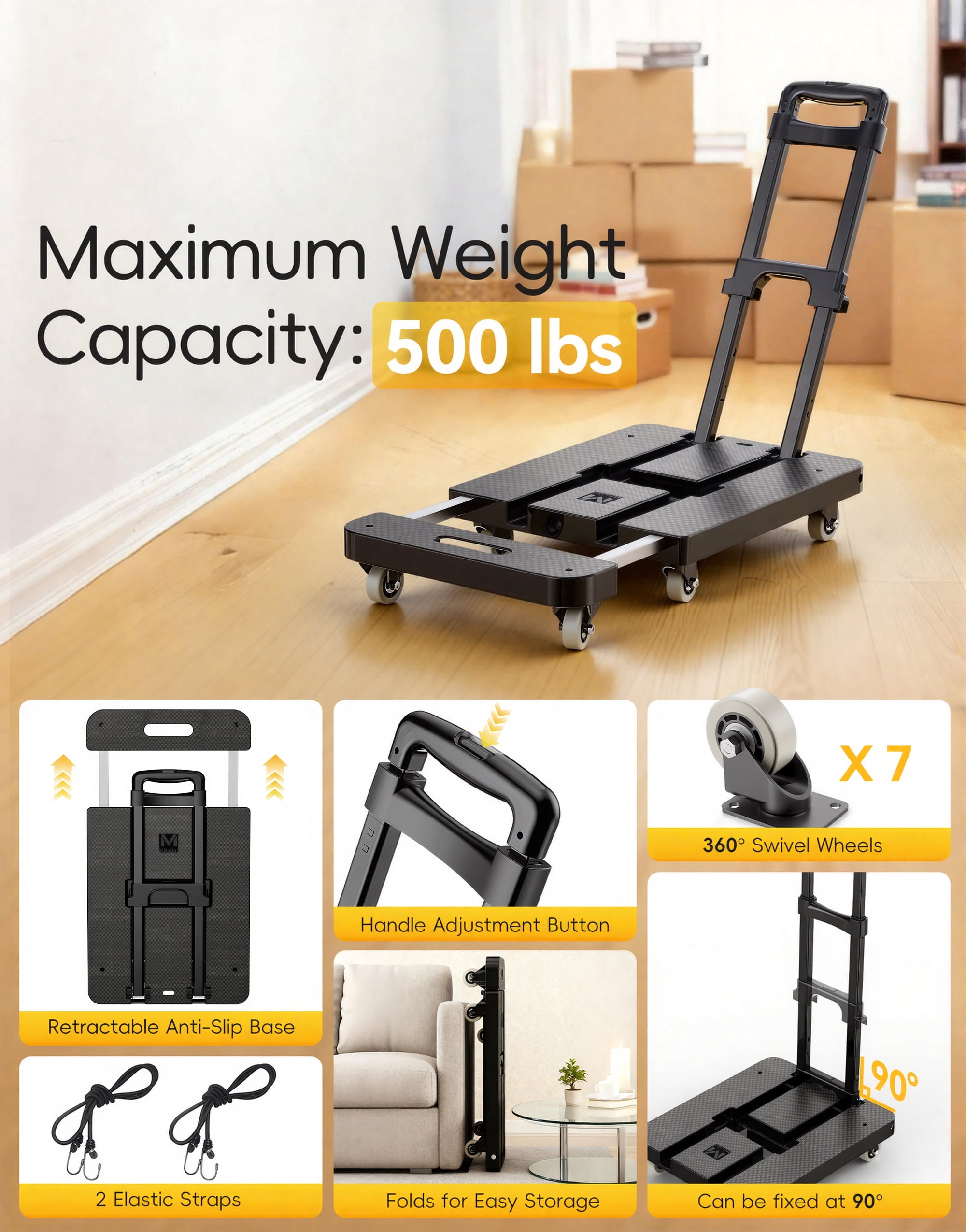 M BUDER Folding Hand Truck, 440 LBS Heavy Duty Dolly Cart, Utility Platform Cart with 7 Wheels for Travel, House, Office, Shopping, Moving Use Black Folded