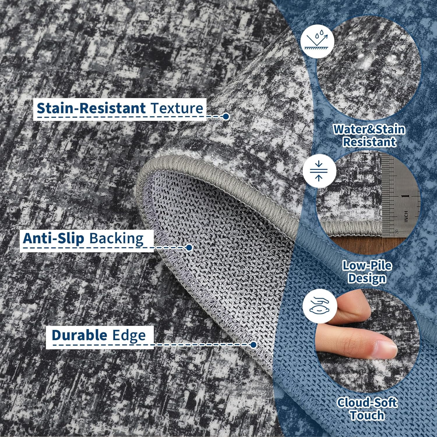 Memoryfield 10' x 13' Washable Area Rug, Stain-Resistant Low Pile Non Slip Carpet, Floor Mat for Living Room Bedroom Home Office, Dark Gray