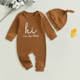 thumbnail image 2 of newwalpole Newborn Baby Boy Romper Coming Home Outfits Letter Print Bodysuit Jumpsuit+Hat 2PCS Clothes Set Brown for Size 12-18 Months, 2 of 4