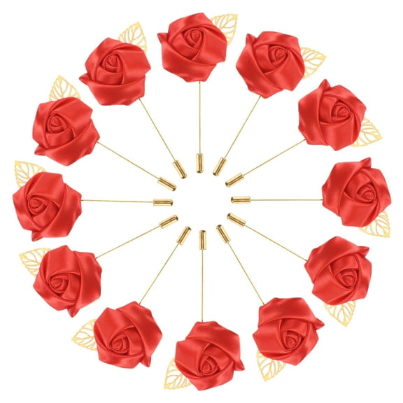 Uxcell 12-Pack Flower Lapel Pins for Men, Golden Leaf Rose Boutonnieres Pin for Wedding/Dance/Party, Flower Corsage Hat Pins [Red]