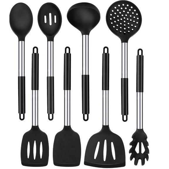 Silicone Cooking Utensil Set, 8Pcs Non-stick Cookware with Stainless Steel Handle, BPA Free Heat Resistant Kitchen Tools with Spatulas, Turners, Spoons, Skimmer and Pasta Fork,black,F96360