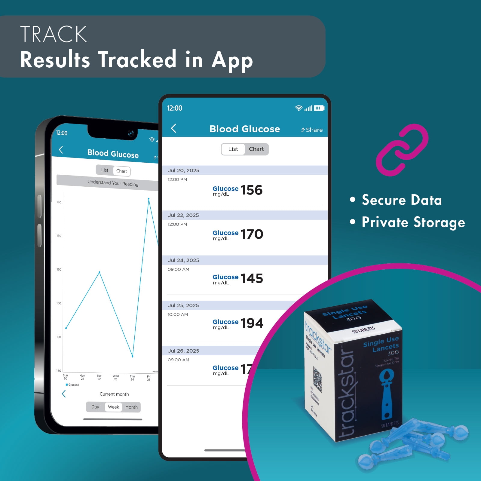 trackstar Blood Glucose Lancets | 30G | 50-Count | Measure, Track, and Share Results