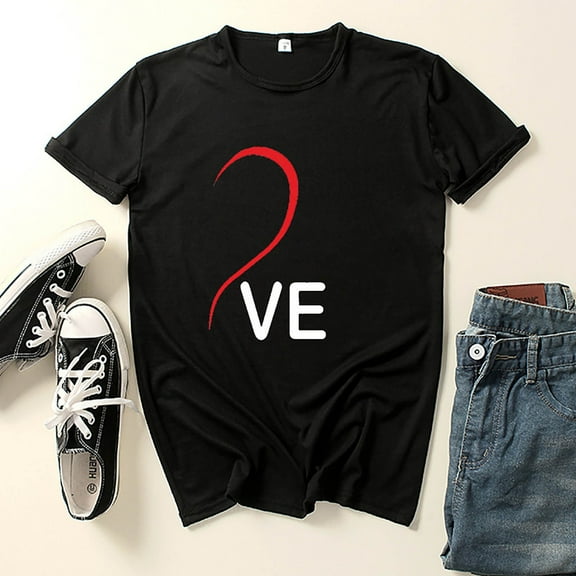 YEJIMAN Red T Shirt Combination Letter Summer Couple Show Love Top, Black Plus Size Tunic Tops For Women, Polyester,Spandex Oversized Tshirts For Women
