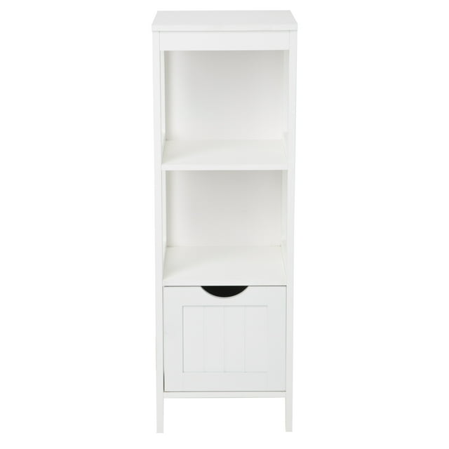 Era Spazio white bath storage tower organizer featuring two open shelves and a lower cabinet for bathroom essentials.