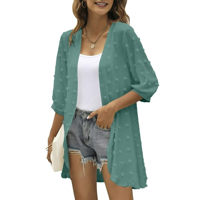 MPWEGNP Hauts pour Femmes Cardigan Décontracté Manches Trois-Quarts Ouvert Léger à Pois Volants Robes pour Chandails
