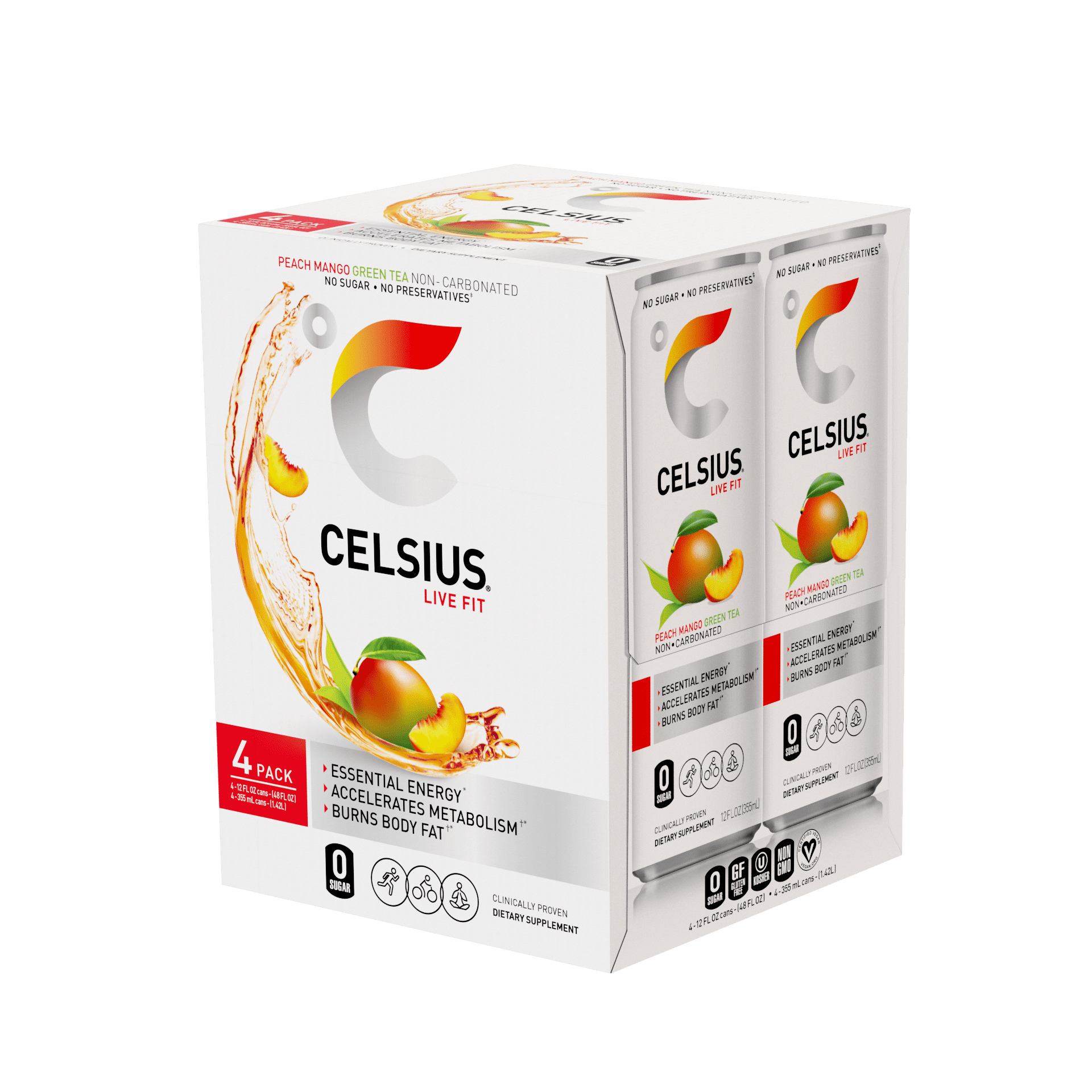 CELSIUS Essential Energy Drink 12 Fl Oz, Peach Mango Green Tea (Pack of 4)