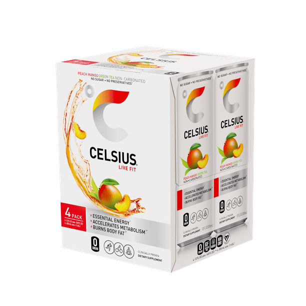CELSIUS Essential Energy Drink 12 Fl Oz, Peach Mango Green Tea (Pack of