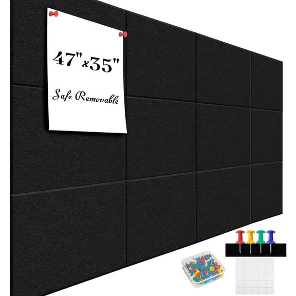 12 Pack Bulletin Board Topboutique Square Felt Wall Tiles Cork Board Large Corkboards Safe Removable Adhesive Tabs Corkboard Alternative for Wall with Pushpins for Home Office,12" x 12"-Black