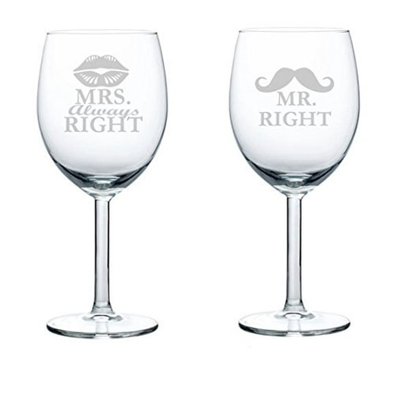 Set of 2 Wine Glasses Funny Wedding Married Couple Mr. Right Mrs. Always Right (10 oz)