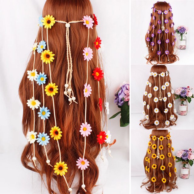 Boho Women Sunflower Marguerite Tassel Headband Garland Hair Styling Accessory