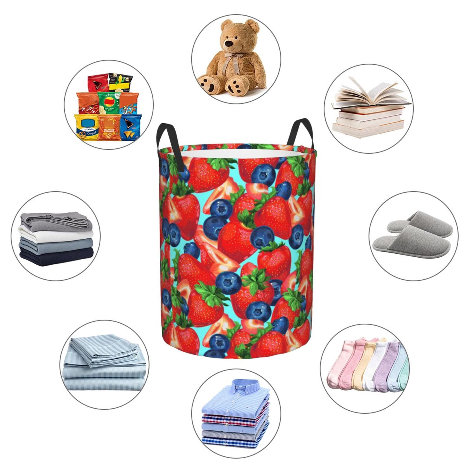 Large Laundry Basket with Handles - Blueberry Print strawberry Kids Baby Dirty Clothes Laundry Hamper for Bedroom Aesthetic