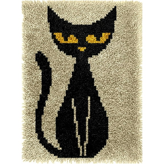 DIY Latch Hook Rug Kits Black Cat DIY Cushion Tapestry Making Crochet Hooking Mat Making Kits With Printed Pattern Canvas DIY Carpet Needlework Kits of Home Decor 52x38cm (f143)
