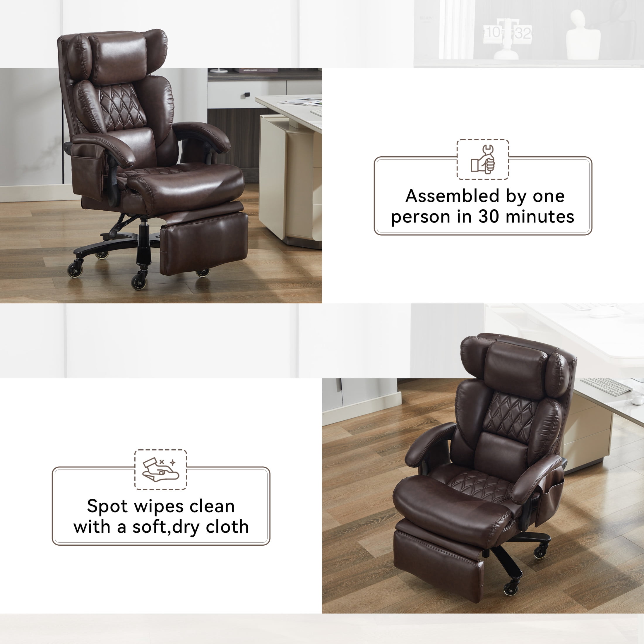 Noble House Cressi Tall Office Chair, High Back Computer Desk Chair with Swivel Base And Universal Wheels, Brown