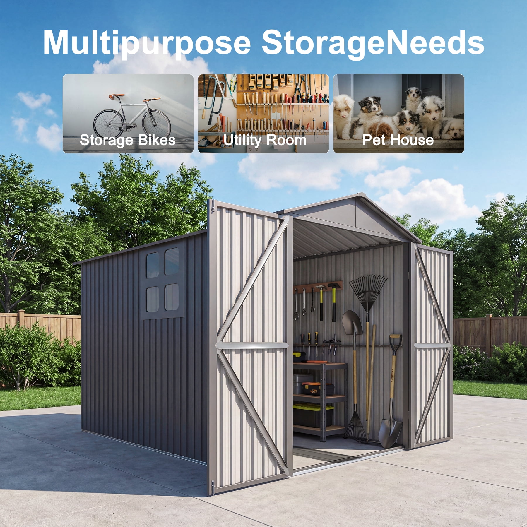 Chery Industrial Outdoor Metal Motorcycle Storage Shed with Window ,Tracks & Fixtures,Grey