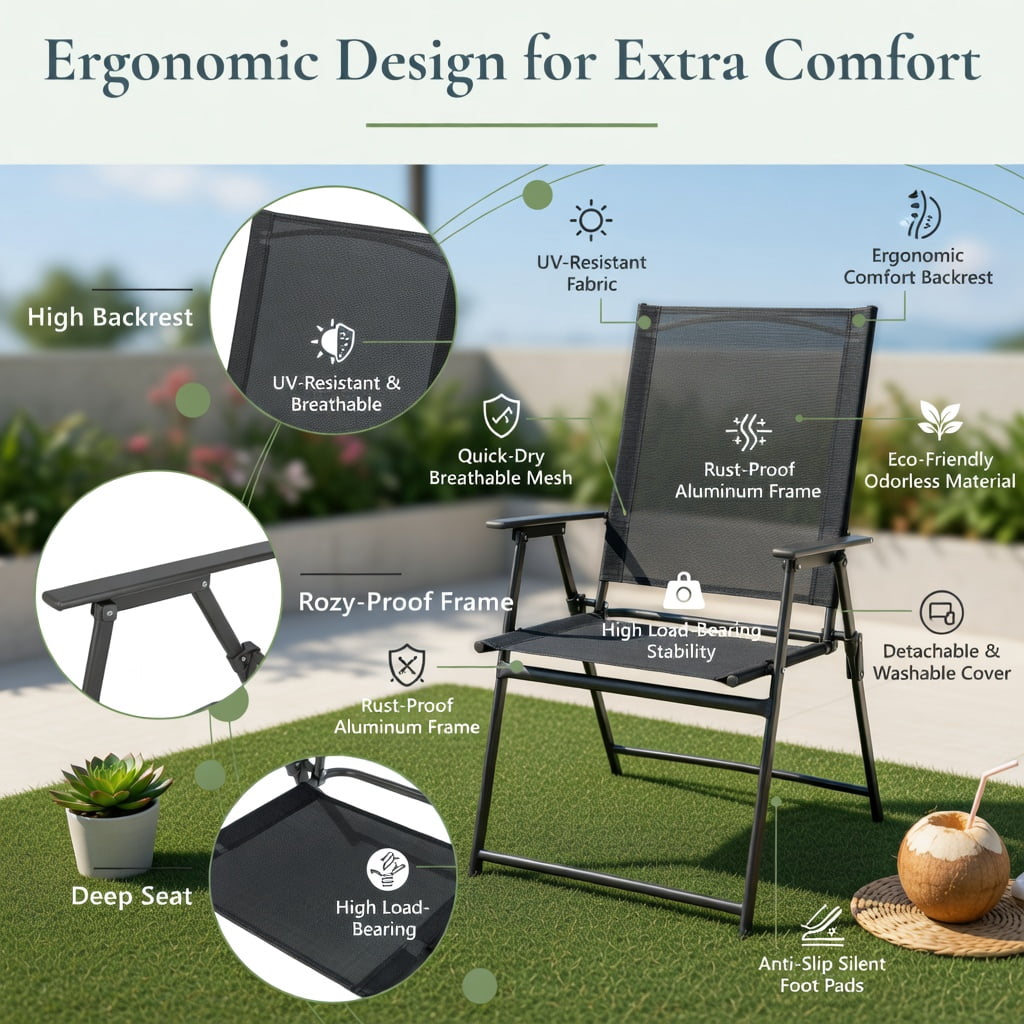 Hommoo 2-Pack Foldable Patio Chairs with Armrests, Heavy-Duty Metal Outdoor Chairs for Deck, Garden, Backyard & Camping, Black