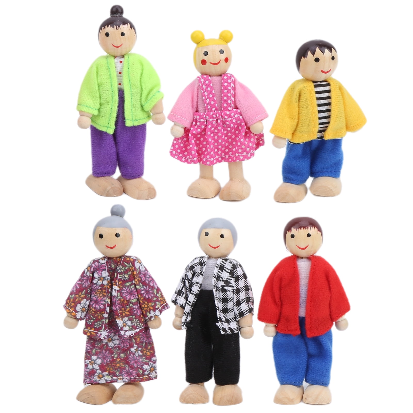 LYUMO Wood Family People Dolls Toy Set of 6 Small Dolls Mini Family