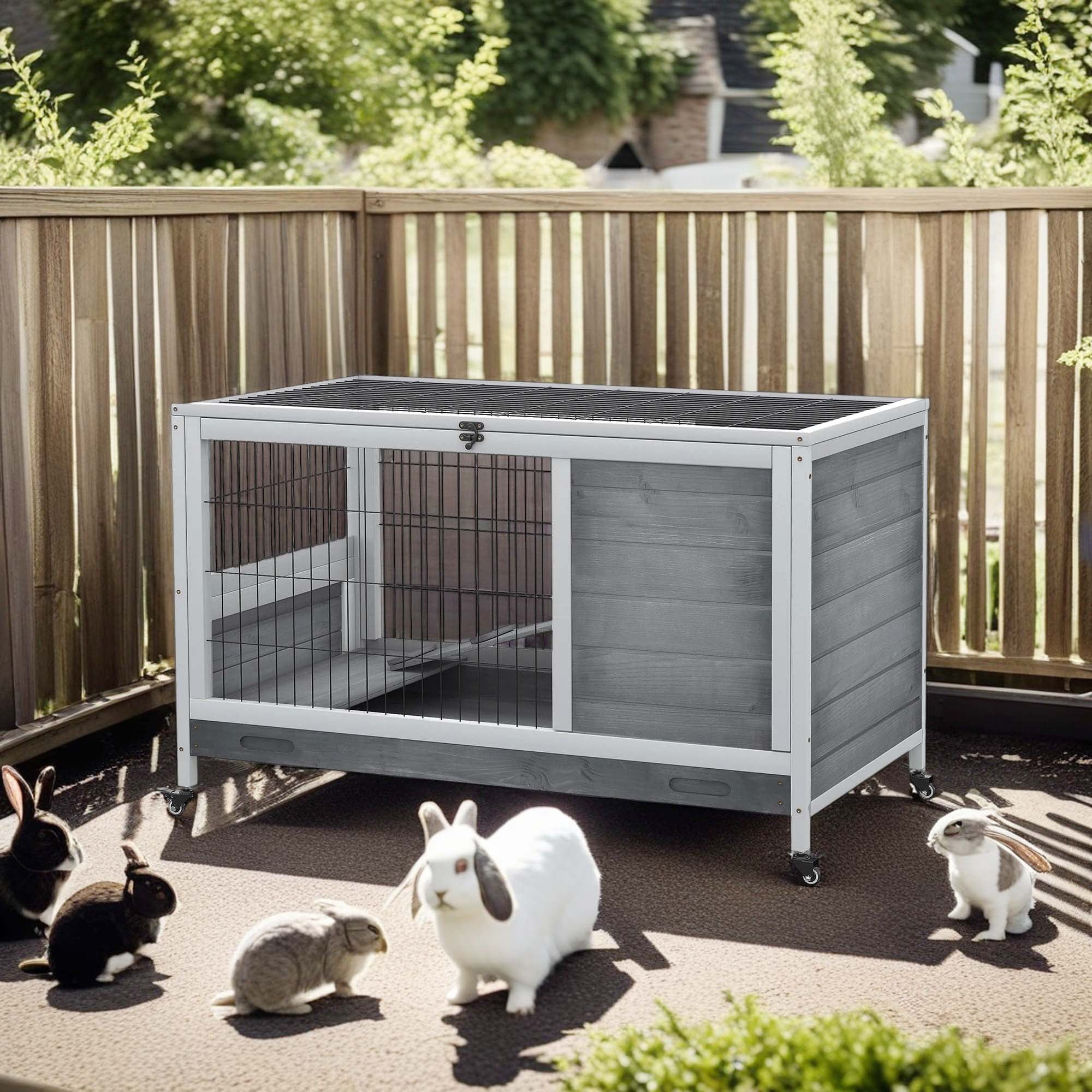 Pefilos 35.5" Indoor Rabbit Hutch with Ramp, Wheel and Removable Tray, Outdoor Double Layer Luxury Bunny Cage Enclosure for Rabbits and Guinea Pigs, Gray