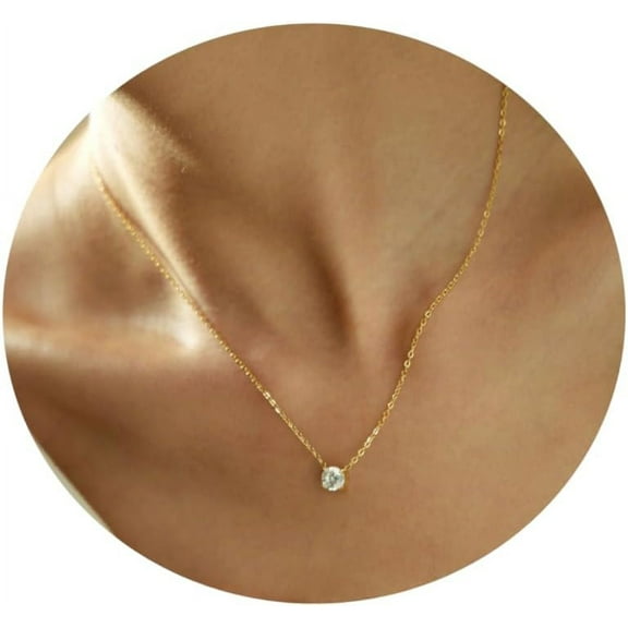 Gold Diamond Pendant Necklace For Women, 18K Gold Plated Cz Solitaire Necklace Dainty Gold Layered Cubic Zirconia Choker Necklaces Trendy Jewelry[Z4964]