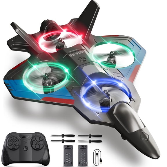 Eoyeskido Foam Drone RC Airplane for Kids and Beginners, Remote Control Plane Fighter Jet with Light, Auto Hovering, 360° Flip and 2 Batteries (15 Mins)