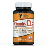 Sunshine Naturals Vitamin D3 10000 IU 250MCG Softgels, 100 Count