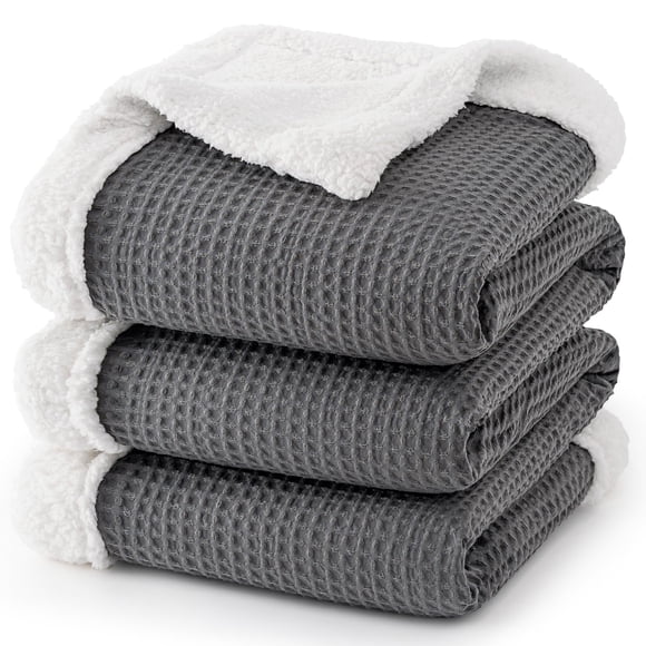 PHF Waffle Sherpa Blanket Queen Size, 90x90 Inches Luxury Plush Flannel Fleece Blanket for Winter, No Shed No Pilling, Cozy Soft