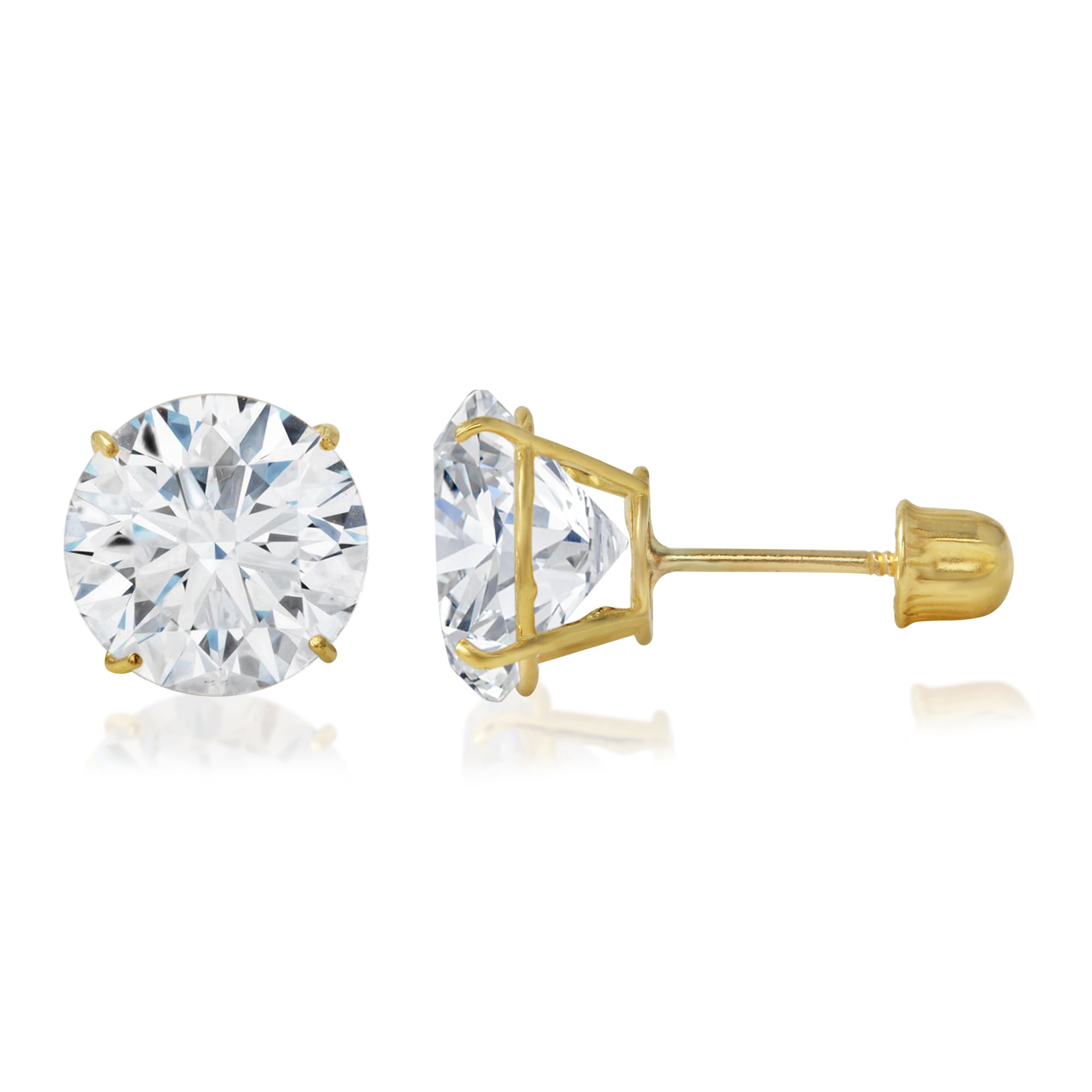 14K Yellow Gold Round Solitaire Cubic Zirconia CZ Stud Screw Back Earrings  - 2ct (8mm)