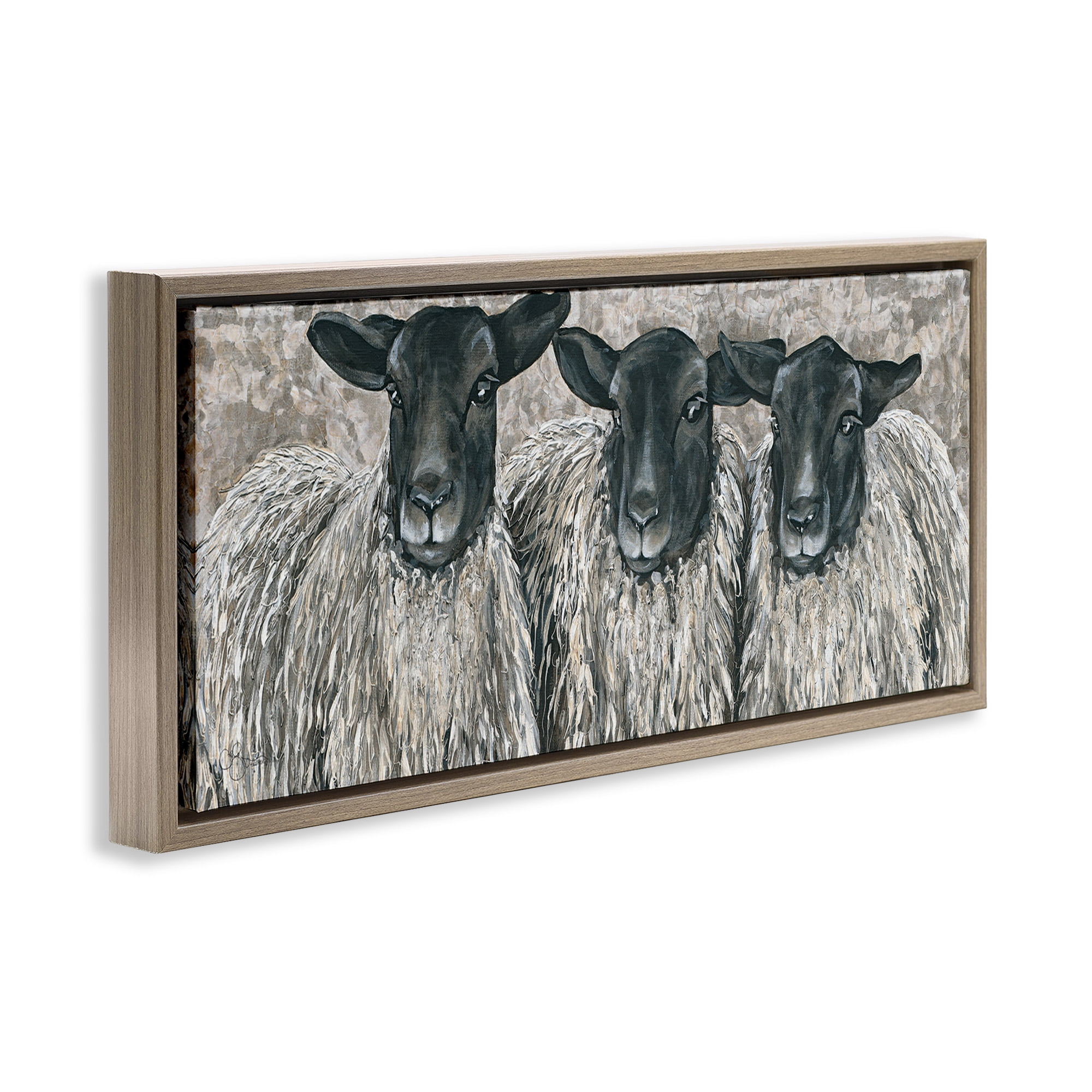 Stupell Industries Three Sheep Trio Portrait Animals & Insects Painting Brown Floater Framed Canvas Art Print Wall Art, 25 x 11